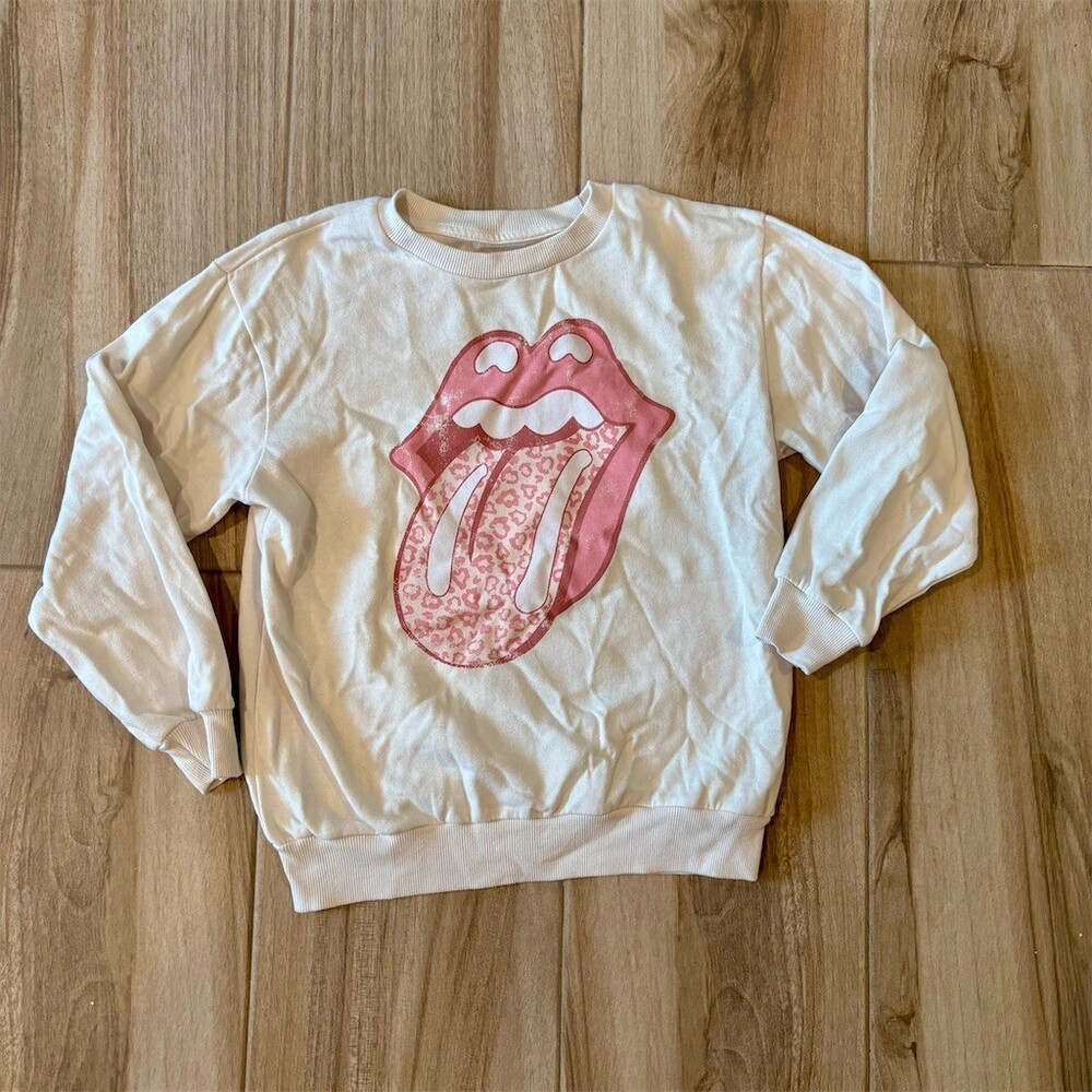 Rolling Stones Tongue Logo Sweatshirt Girls Size L 10/12 White Pink
